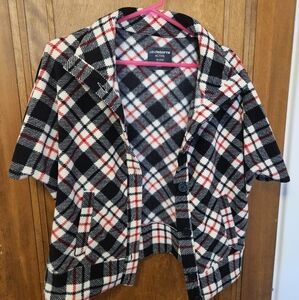 Liz Claiborne Active Fleece Red Black Plaid Button Short Jacket, S